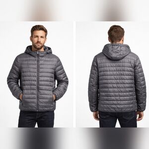 TUMI Hooded Packable Down Gray Puffer Jacket Water Resistant Ski Lightweight M